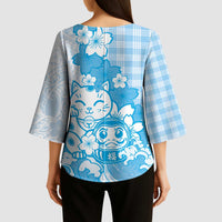 Blue Palaka Hawaiian And Japanese Kimono Sleeve Blouse Maneki Neko And Sakura Bloom