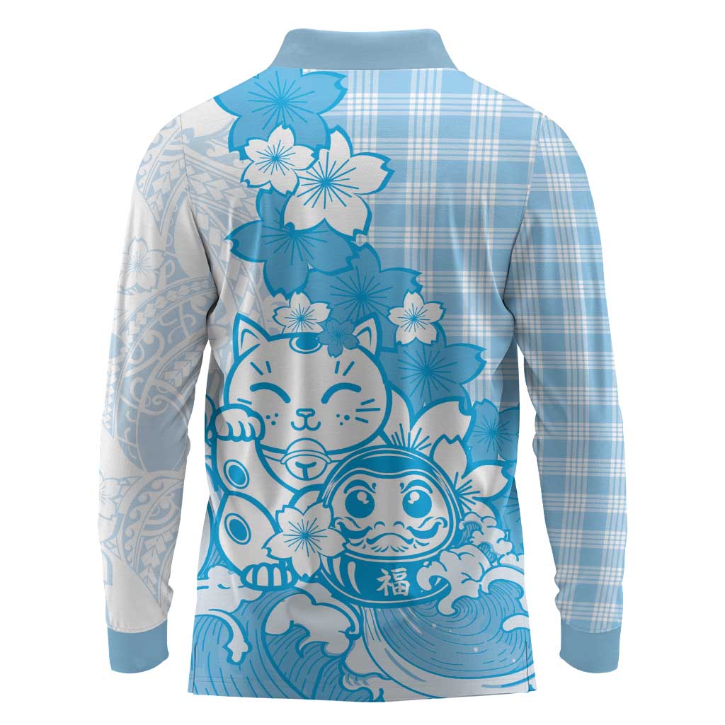 Blue Palaka Hawaiian And Japanese Long Sleeve Polo Shirt Maneki Neko And Sakura Bloom