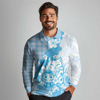 Blue Palaka Hawaiian And Japanese Long Sleeve Polo Shirt Maneki Neko And Sakura Bloom