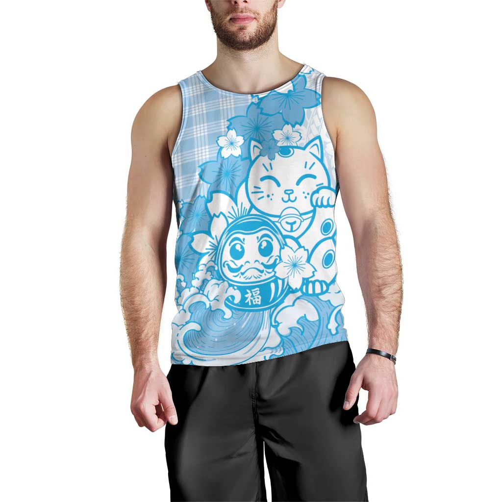 Blue Palaka Hawaiian And Japanese Men Tank Top Maneki Neko And Sakura Bloom
