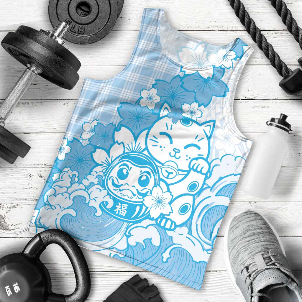 Blue Palaka Hawaiian And Japanese Men Tank Top Maneki Neko And Sakura Bloom