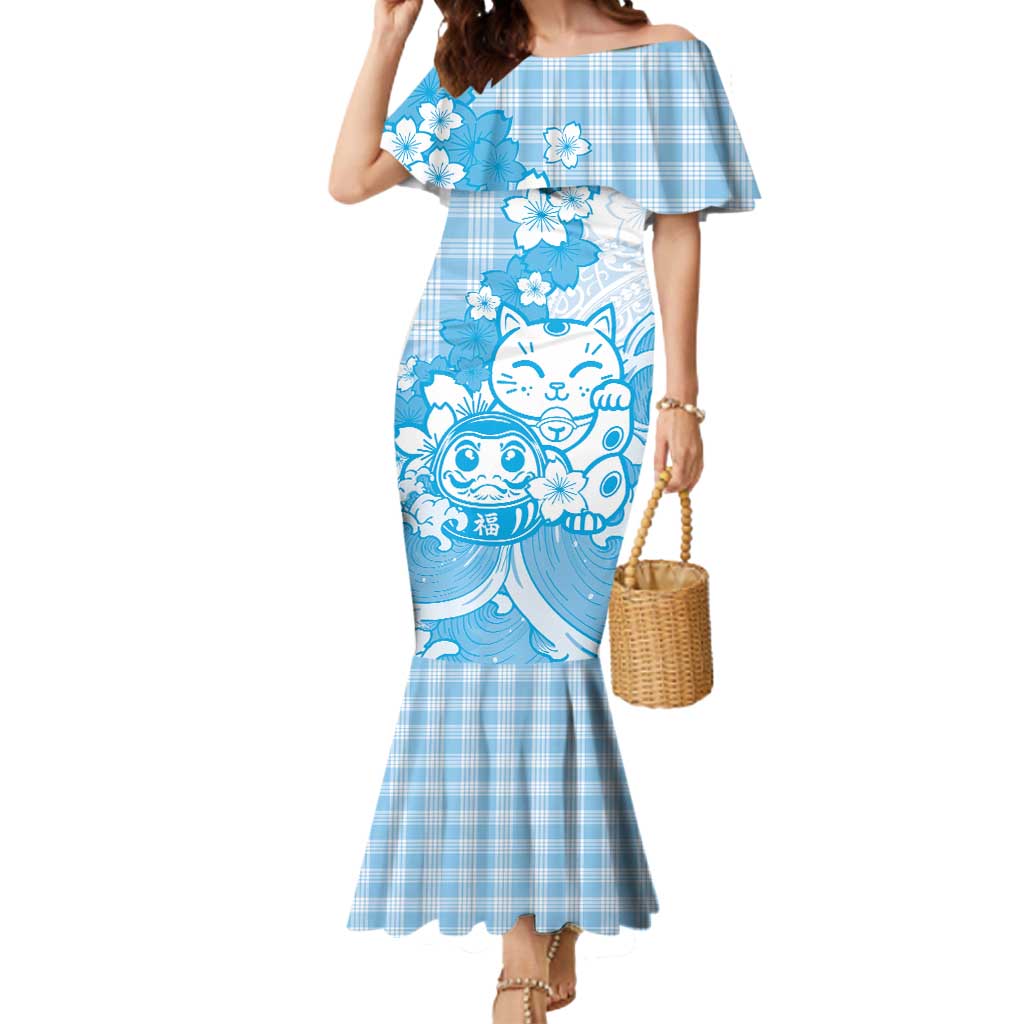 Blue Palaka Hawaiian And Japanese Mermaid Dress Maneki Neko And Sakura Bloom
