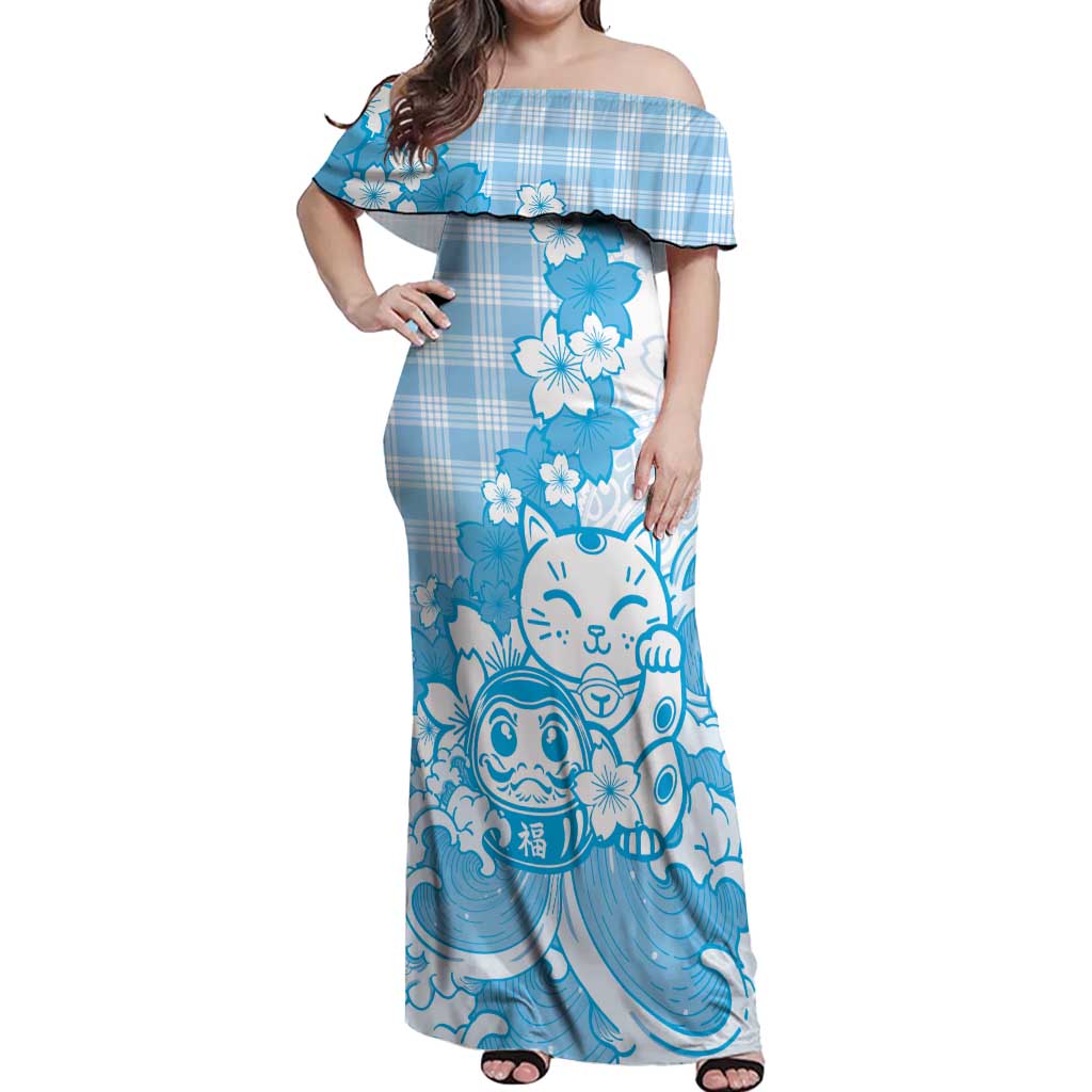 Blue Palaka Hawaiian And Japanese Off Shoulder Maxi Dress Maneki Neko And Sakura Bloom DT05 Women Blue - Polynesian Pride