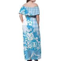 Blue Palaka Hawaiian And Japanese Off Shoulder Maxi Dress Maneki Neko And Sakura Bloom