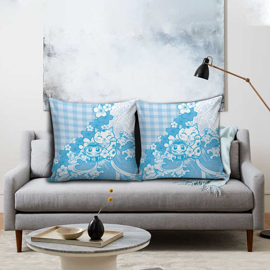 Blue Palaka Hawaiian And Japanese Pillow Cover Maneki Neko And Sakura Bloom
