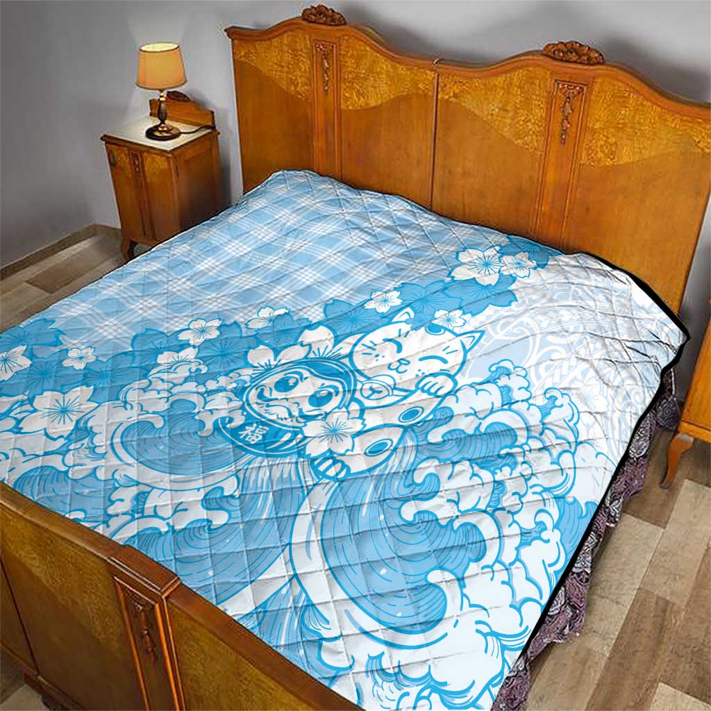 Blue Palaka Hawaiian And Japanese Quilt Maneki Neko And Sakura Bloom