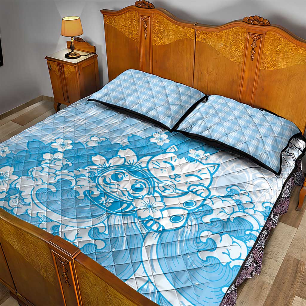 Blue Palaka Hawaiian And Japanese Quilt Bed Set Maneki Neko And Sakura Bloom