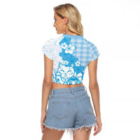 Blue Palaka Hawaiian And Japanese Raglan Cropped T Shirt Maneki Neko And Sakura Bloom