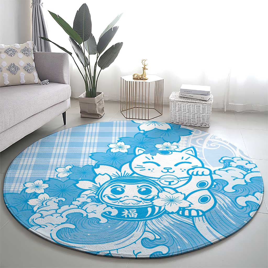 Blue Palaka Hawaiian And Japanese Round Carpet Maneki Neko And Sakura Bloom