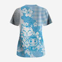 Blue Palaka Hawaiian And Japanese Scrub Top Maneki Neko And Sakura Bloom