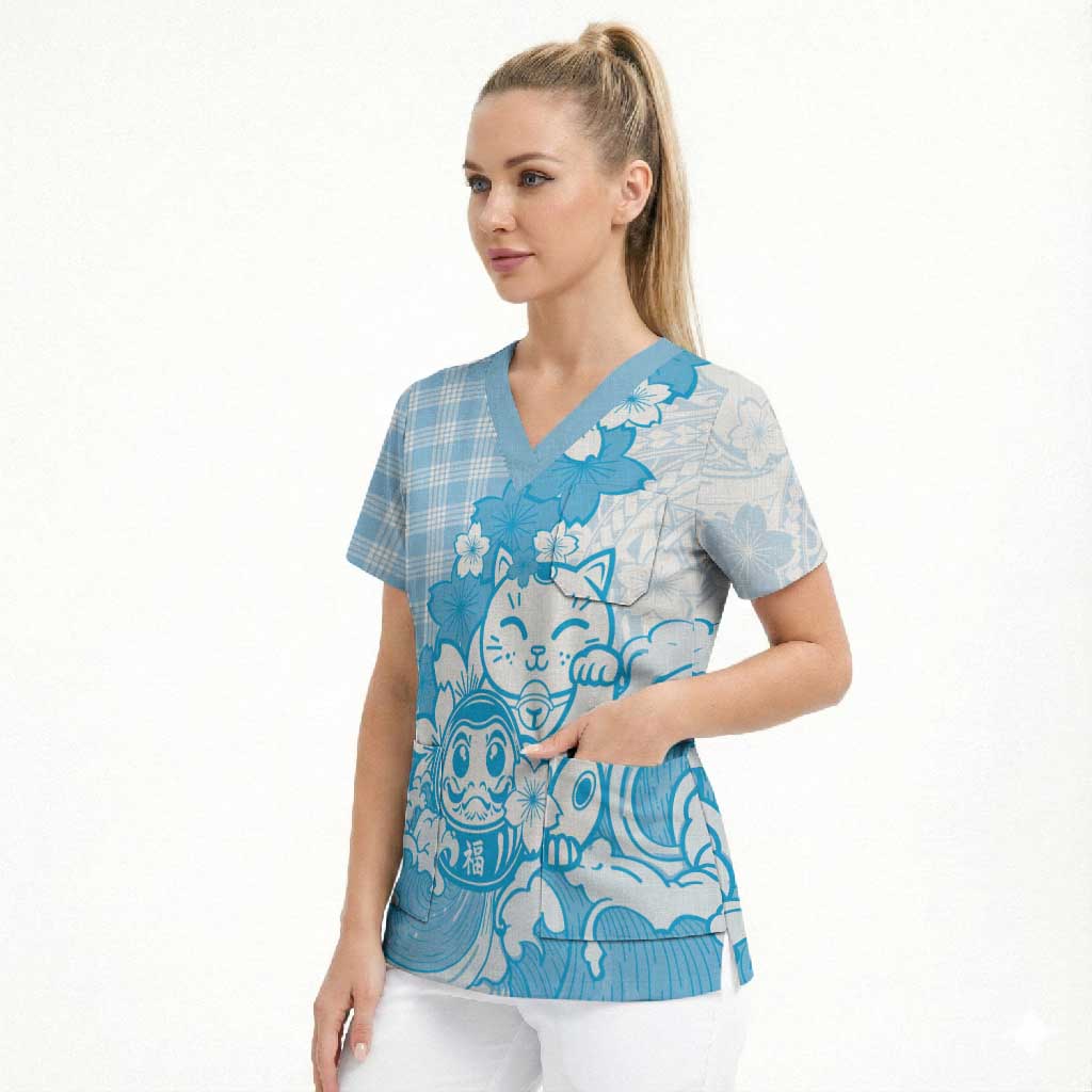 Blue Palaka Hawaiian And Japanese Scrub Top Maneki Neko And Sakura Bloom