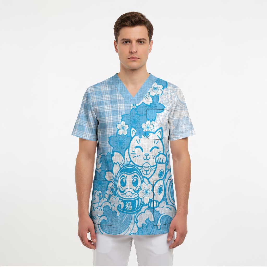 Blue Palaka Hawaiian And Japanese Scrub Top Maneki Neko And Sakura Bloom
