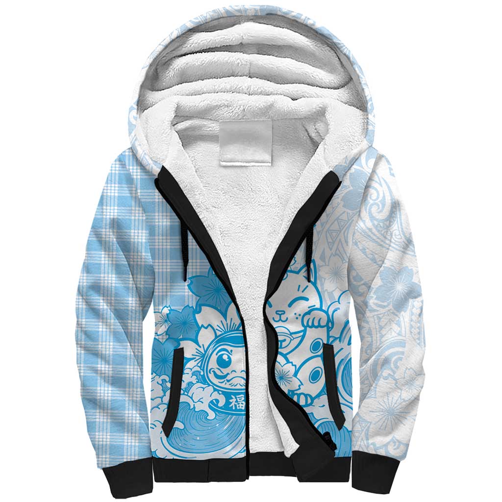 Blue Palaka Hawaiian And Japanese Sherpa Hoodie Maneki Neko And Sakura Bloom