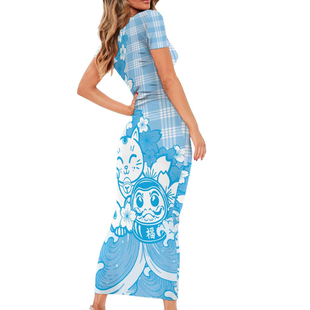 Blue Palaka Hawaiian And Japanese Short Sleeve Bodycon Dress Maneki Neko And Sakura Bloom