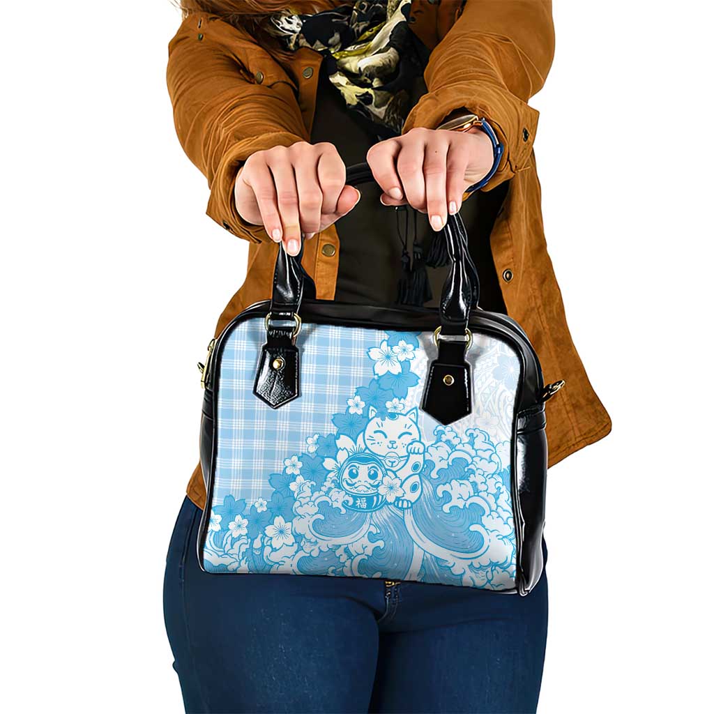 Blue Palaka Hawaiian And Japanese Shoulder Handbag Maneki Neko And Sakura Bloom