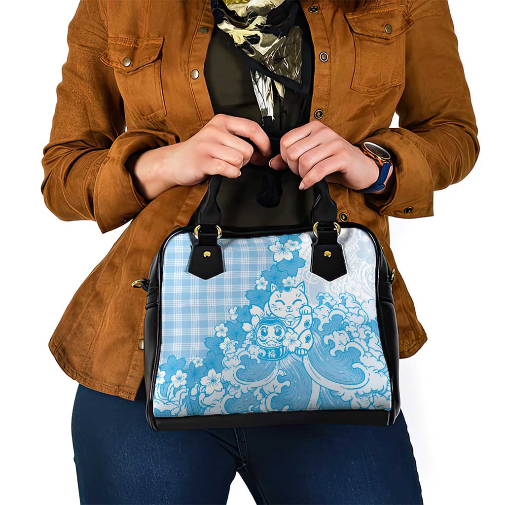 Blue Palaka Hawaiian And Japanese Shoulder Handbag Maneki Neko And Sakura Bloom