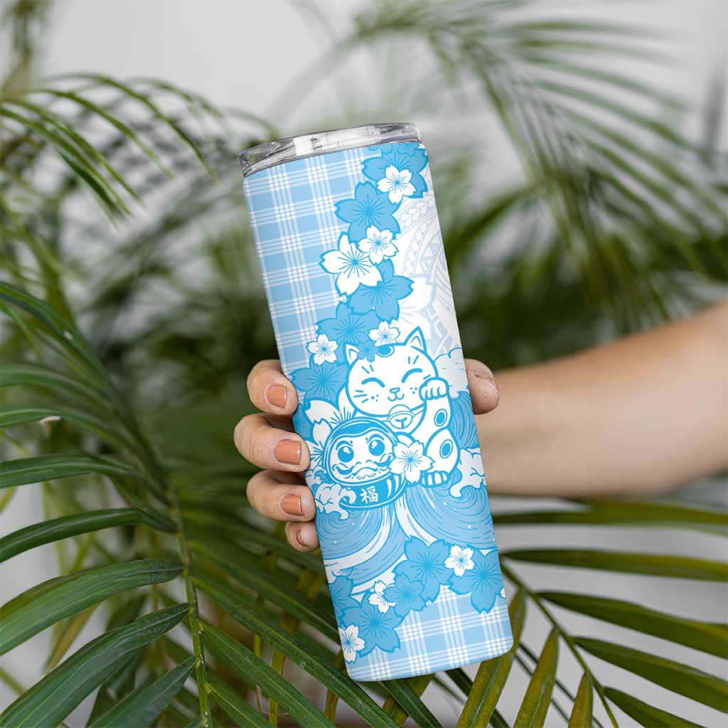 Blue Palaka Hawaiian And Japanese Skinny Tumbler Maneki Neko And Sakura Bloom DT05 - Polynesian Pride