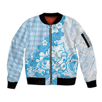 Blue Palaka Hawaiian And Japanese Sleeve Zip Bomber Jacket Maneki Neko And Sakura Bloom