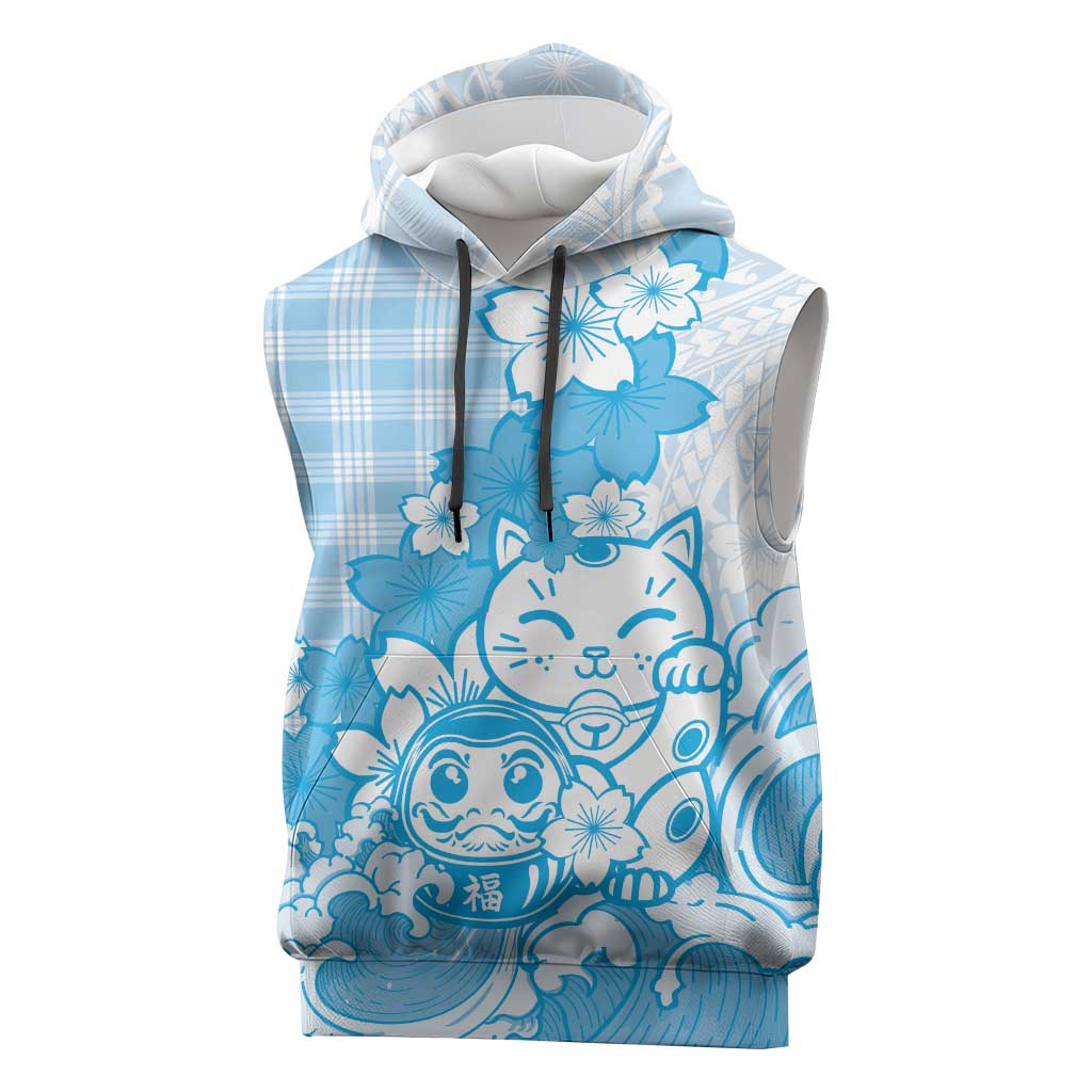 Blue Palaka Hawaiian And Japanese Sleeveless Hoodie Maneki Neko And Sakura Bloom