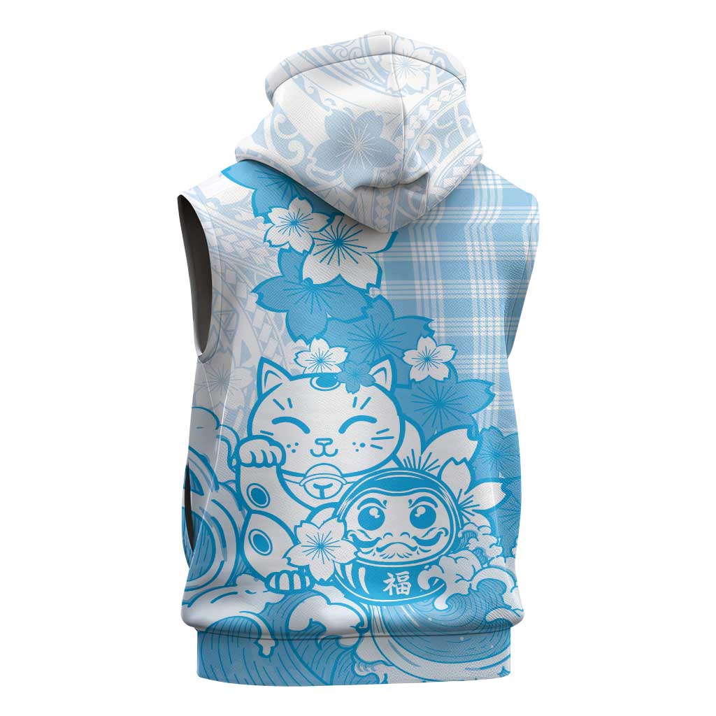 Blue Palaka Hawaiian And Japanese Sleeveless Zip Hoodie Maneki Neko And Sakura Bloom
