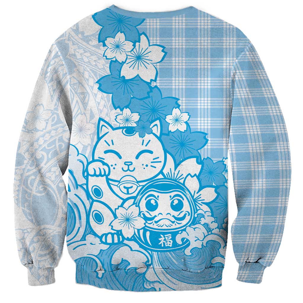 Blue Palaka Hawaiian And Japanese Sweatshirt Maneki Neko And Sakura Bloom