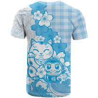 Blue Palaka Hawaiian And Japanese T Shirt Maneki Neko And Sakura Bloom