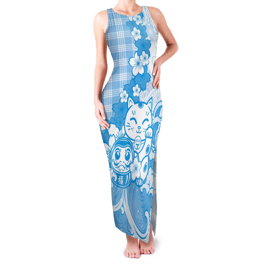 Blue Palaka Hawaiian And Japanese Tank Maxi Dress Maneki Neko And Sakura Bloom DT05 Women Blue - Polynesian Pride