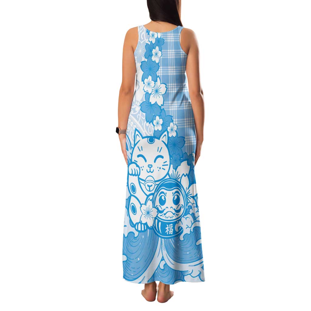 Blue Palaka Hawaiian And Japanese Tank Maxi Dress Maneki Neko And Sakura Bloom