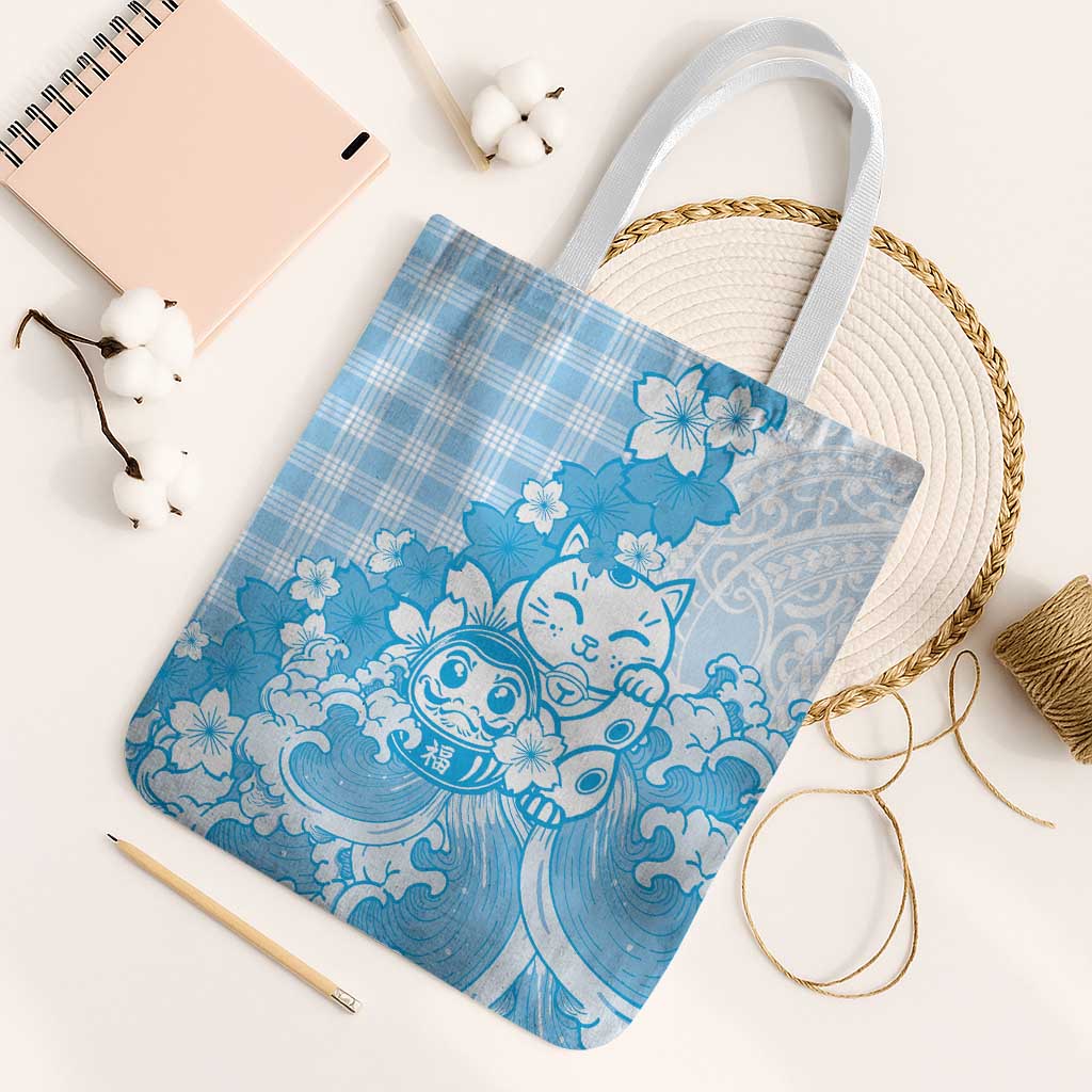 Blue Palaka Hawaiian And Japanese Tote Bag Maneki Neko And Sakura Bloom