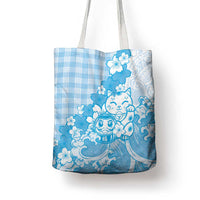 Blue Palaka Hawaiian And Japanese Tote Bag Maneki Neko And Sakura Bloom