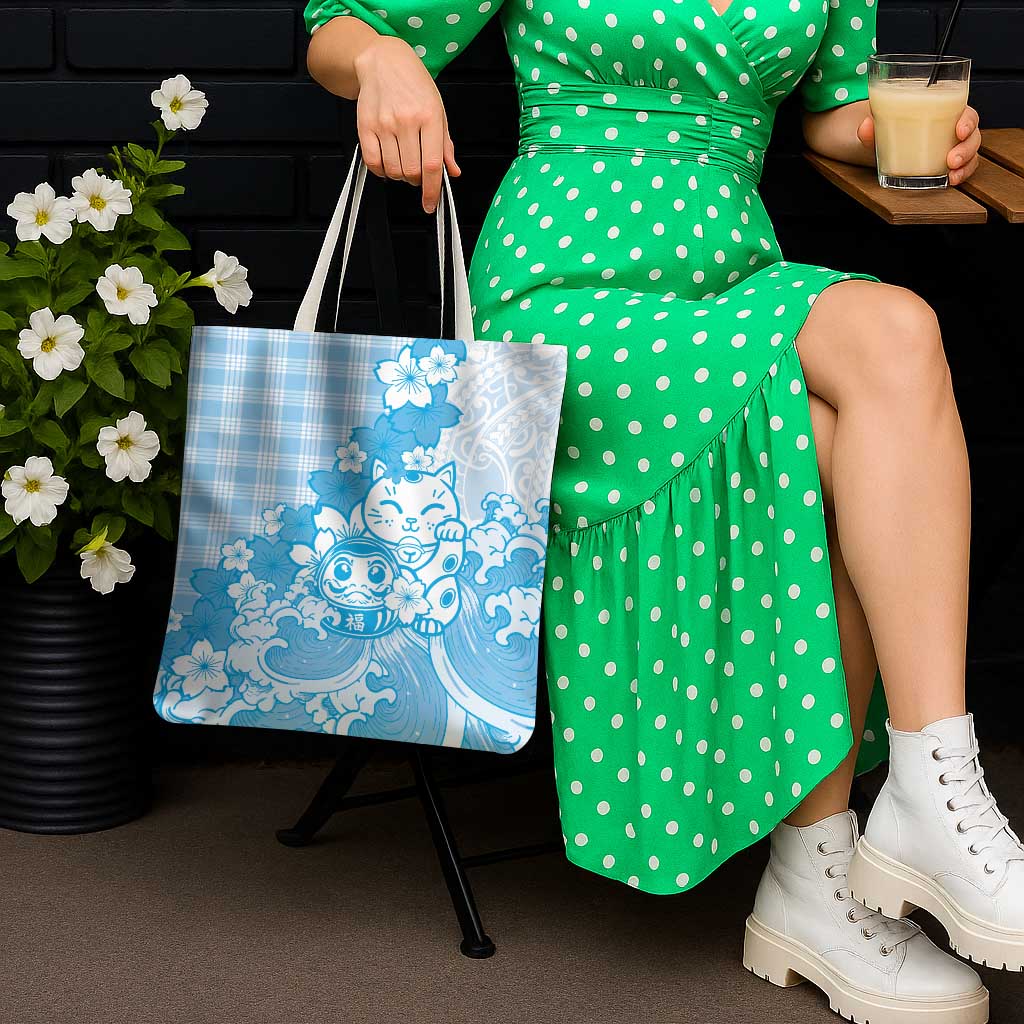 Blue Palaka Hawaiian And Japanese Tote Bag Maneki Neko And Sakura Bloom