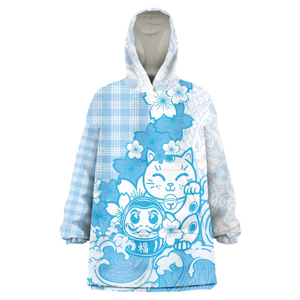 Blue Palaka Hawaiian And Japanese Wearable Blanket Hoodie Maneki Neko And Sakura Bloom