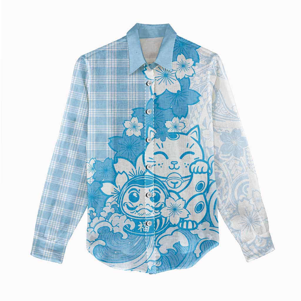 Blue Palaka Hawaiian And Japanese Women Casual Shirt Maneki Neko And Sakura Bloom DT05 - Polynesian Pride