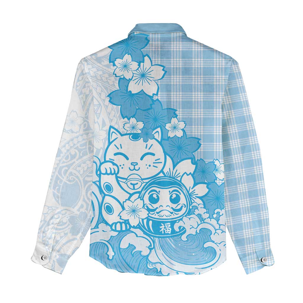 Blue Palaka Hawaiian And Japanese Women Casual Shirt Maneki Neko And Sakura Bloom DT05 - Polynesian Pride