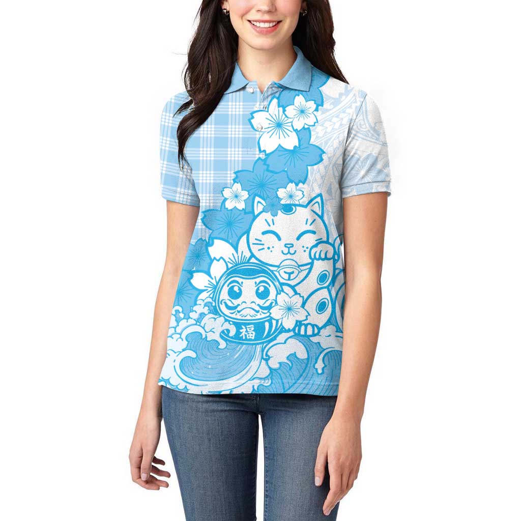 Blue Palaka Hawaiian And Japanese Women Polo Shirt Maneki Neko And Sakura Bloom DT05 - Polynesian Pride