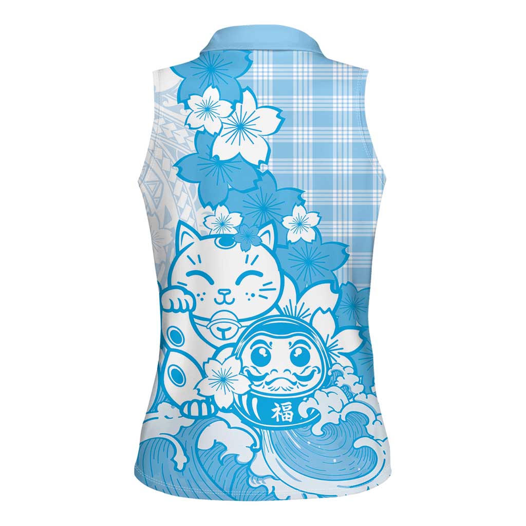 Blue Palaka Hawaiian And Japanese Women Sleeveless Polo Shirt Maneki Neko And Sakura Bloom DT05 - Polynesian Pride