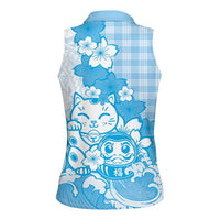 Blue Palaka Hawaiian And Japanese Women Sleeveless Polo Shirt Maneki Neko And Sakura Bloom DT05 - Polynesian Pride
