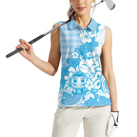 Blue Palaka Hawaiian And Japanese Women Sleeveless Polo Shirt Maneki Neko And Sakura Bloom DT05 - Polynesian Pride