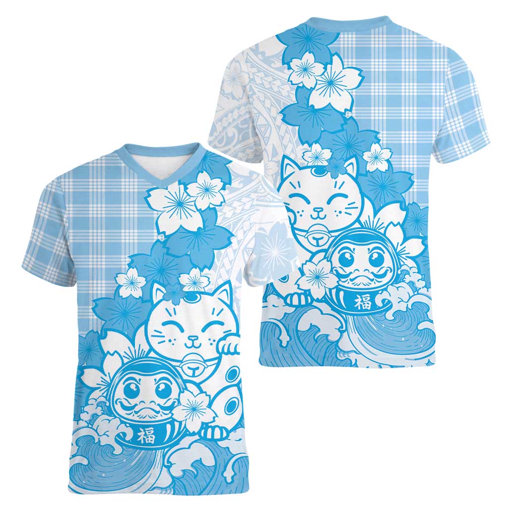 Blue Palaka Hawaiian And Japanese Women V-Neck T-Shirt Maneki Neko And Sakura Bloom DT05 - Polynesian Pride