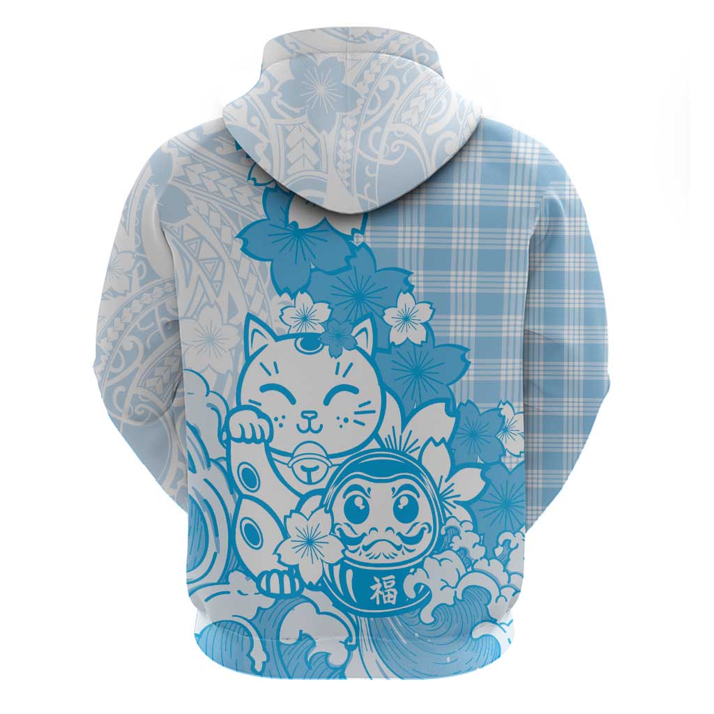 Blue Palaka Hawaiian And Japanese Zip Hoodie Maneki Neko And Sakura Bloom