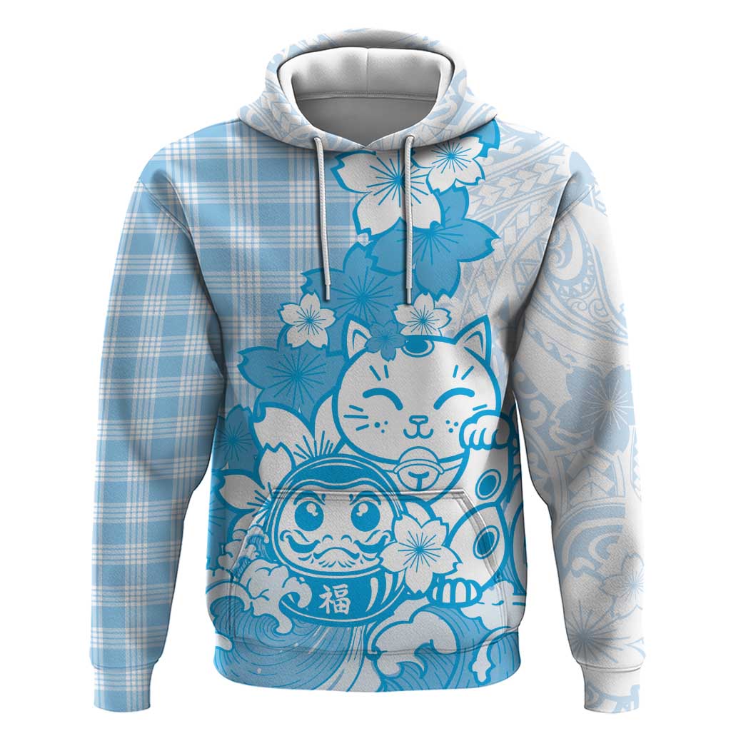 Blue Palaka Hawaiian And Japanese Zip Hoodie Maneki Neko And Sakura Bloom