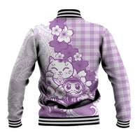 Purple Palaka Hawaiian And Japanese Baseball Jacket Maneki Neko And Sakura Bloom