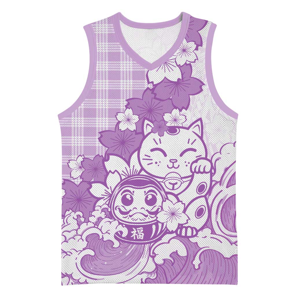 Purple Palaka Hawaiian And Japanese Basketball Jersey Maneki Neko And Sakura Bloom DT05 Unisex Purple - Polynesian Pride