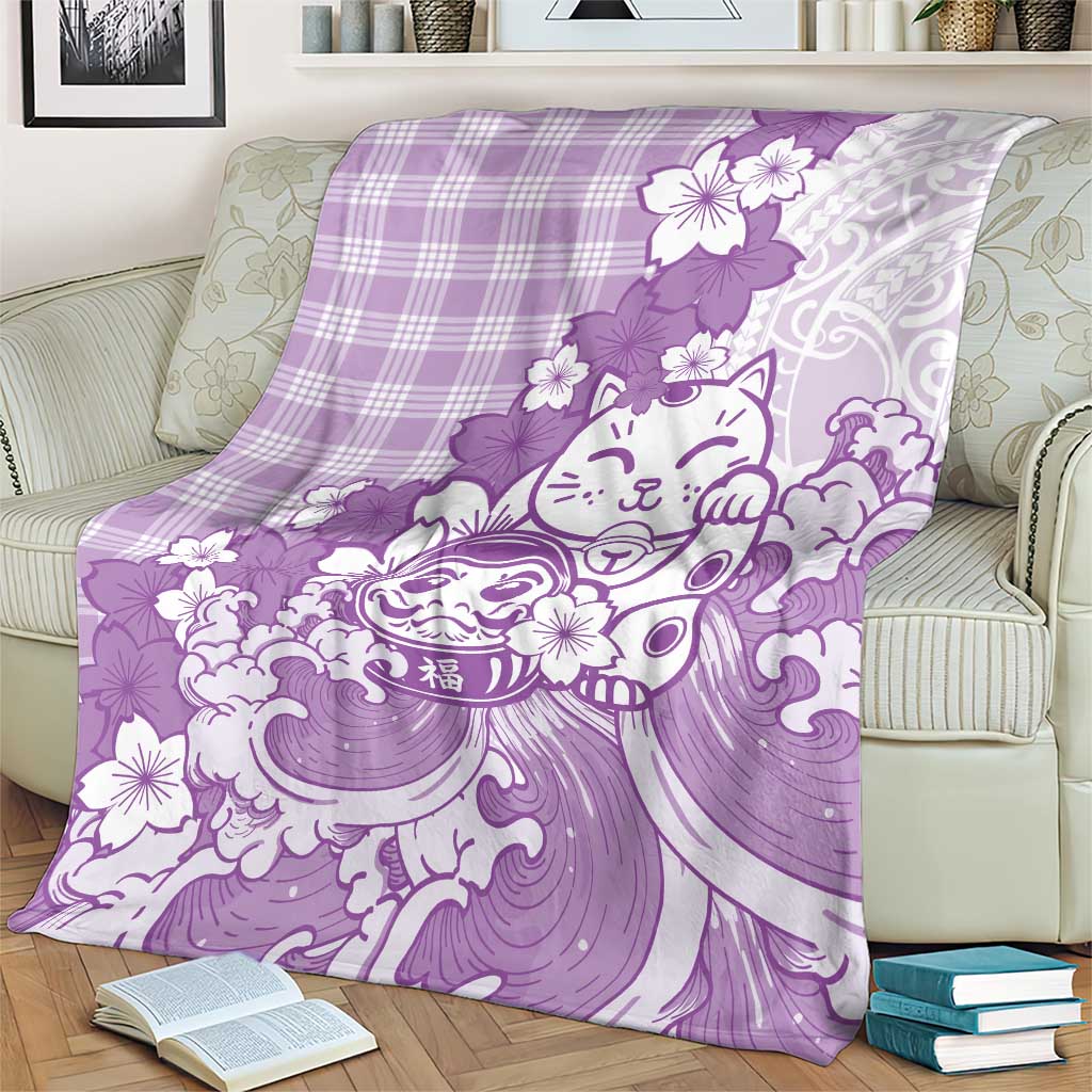 Purple Palaka Hawaiian And Japanese Blanket Maneki Neko And Sakura Bloom DT05 - Polynesian Pride