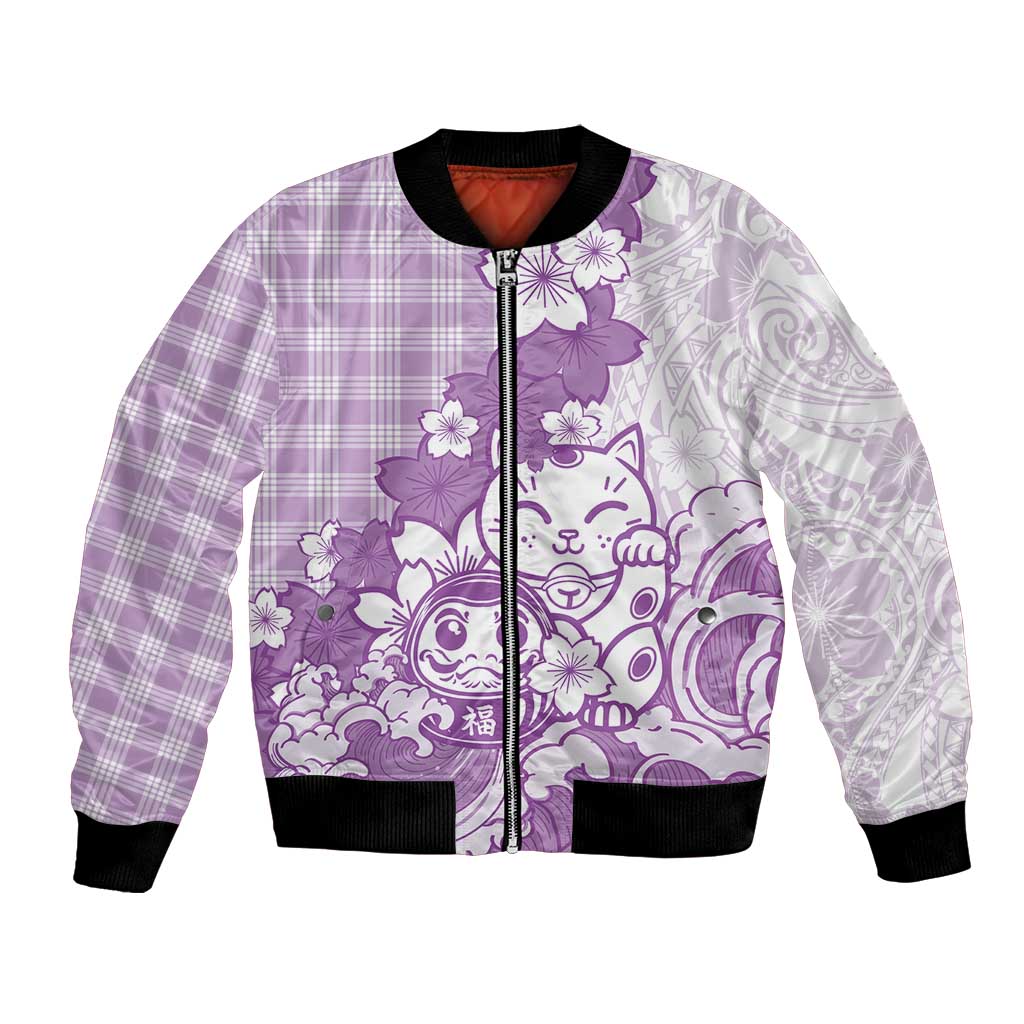 Purple Palaka Hawaiian And Japanese Bomber Jacket Maneki Neko And Sakura Bloom DT05 Unisex Purple - Polynesian Pride