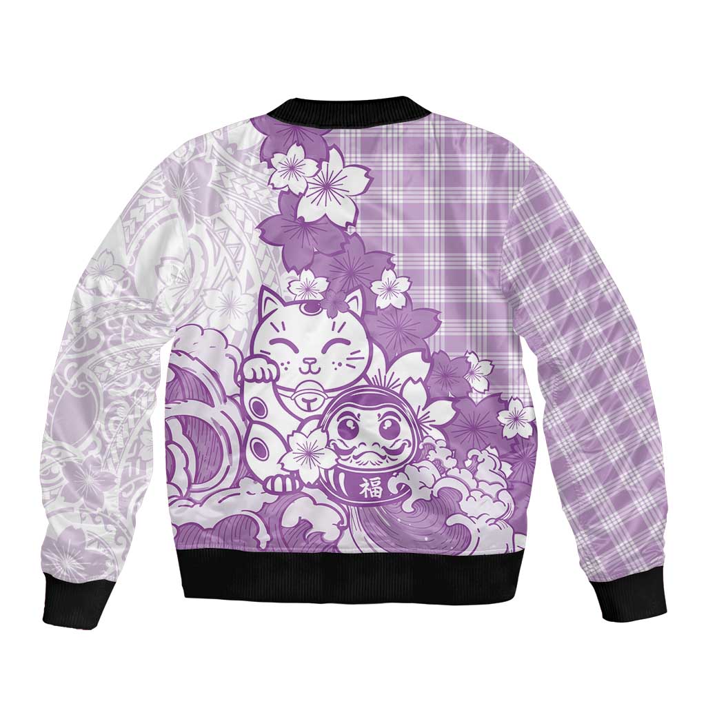 Purple Palaka Hawaiian And Japanese Bomber Jacket Maneki Neko And Sakura Bloom DT05 - Polynesian Pride