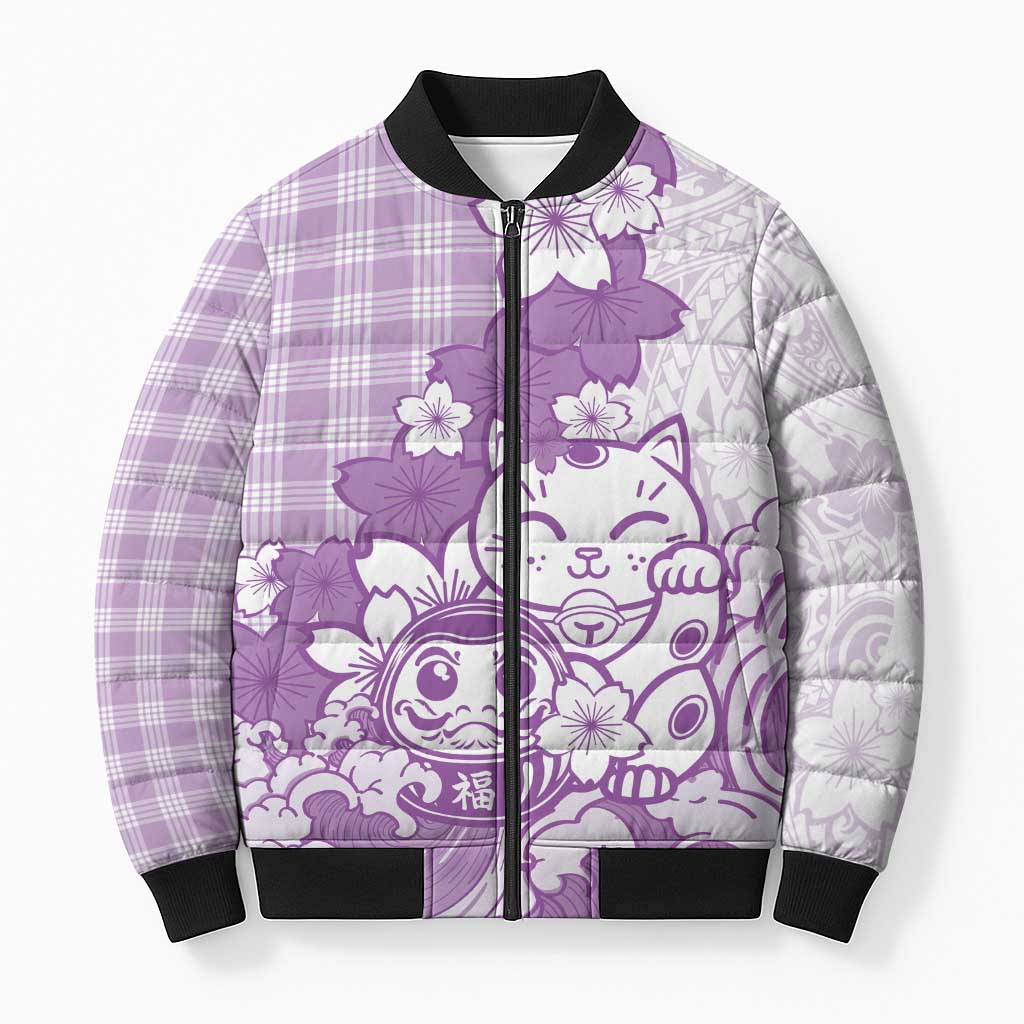 Purple Palaka Hawaiian And Japanese Bomber Puffer Jacket Maneki Neko And Sakura Bloom DT05 Unisex Purple - Polynesian Pride