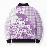 Purple Palaka Hawaiian And Japanese Bomber Puffer Jacket Maneki Neko And Sakura Bloom DT05 - Polynesian Pride