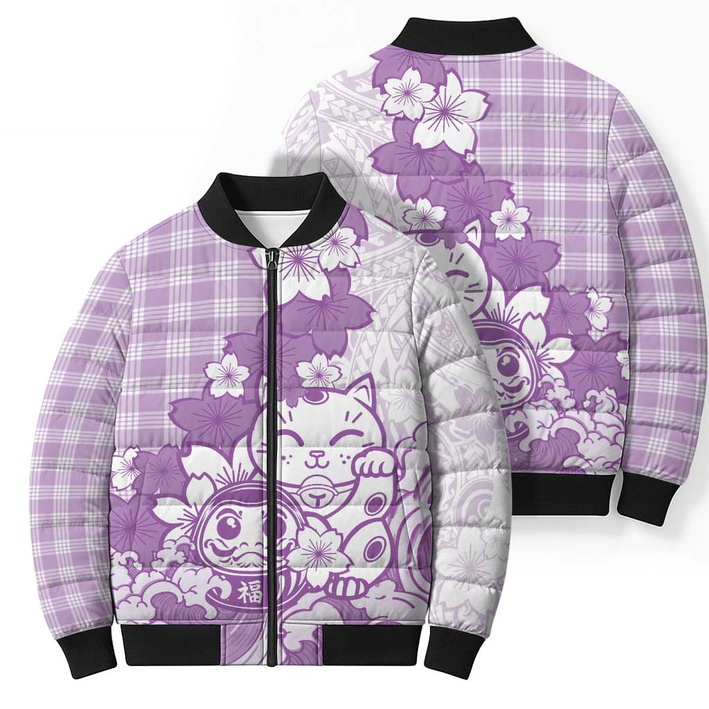 Purple Palaka Hawaiian And Japanese Bomber Puffer Jacket Maneki Neko And Sakura Bloom DT05 - Polynesian Pride