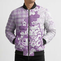 Purple Palaka Hawaiian And Japanese Bomber Puffer Jacket Maneki Neko And Sakura Bloom DT05 - Polynesian Pride